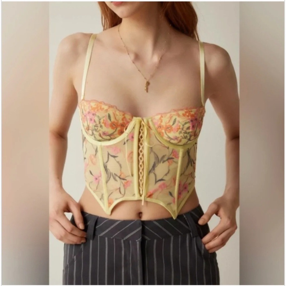 Urban Outfitters Out From Under Floral Embroidered Bustier Top In Yellow Medium